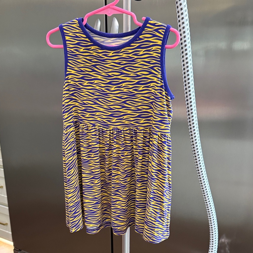 LSU Purple and Yellow (Gold) Tiger Patterned Kids Sleeveless Dress